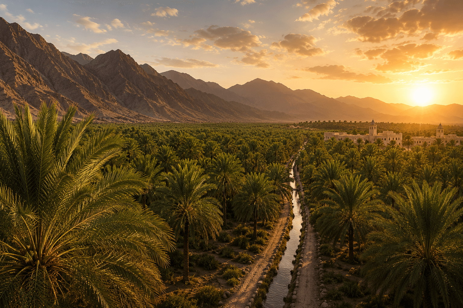 Date palm oasis in Saudi Arabia at sunset