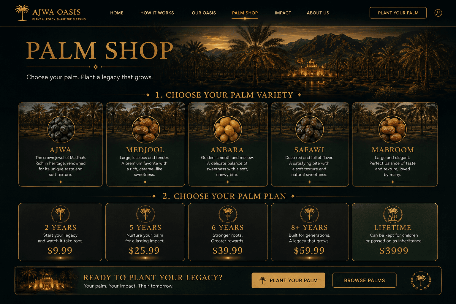 AJWA OASIS Palm Shop — Ajwa, Medjool, Anbara, Safawi and Mabroom palms with subscription and lifetime plans
